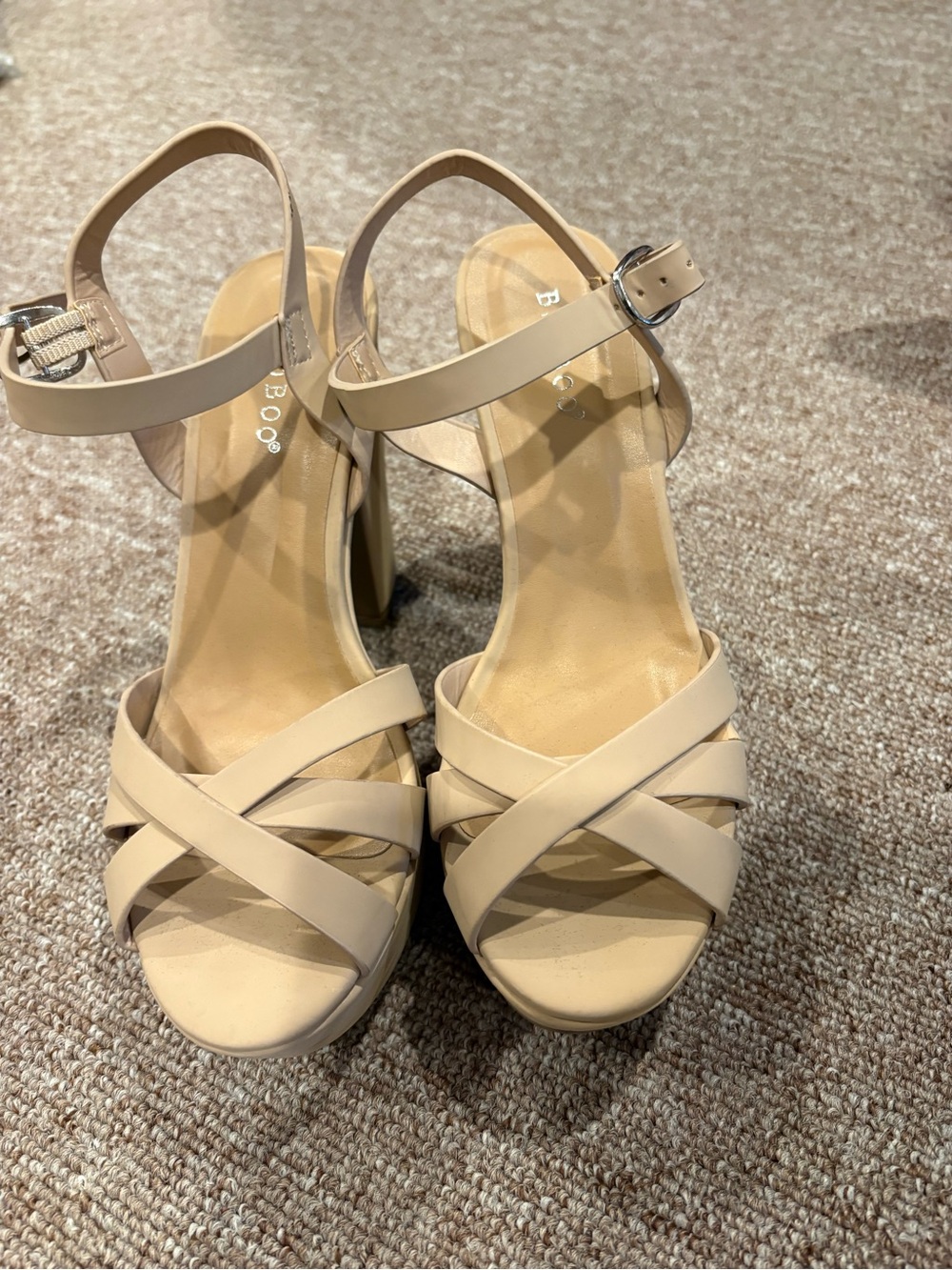 BAMBOO Beige Crisscross Ankle Strap Block Heels